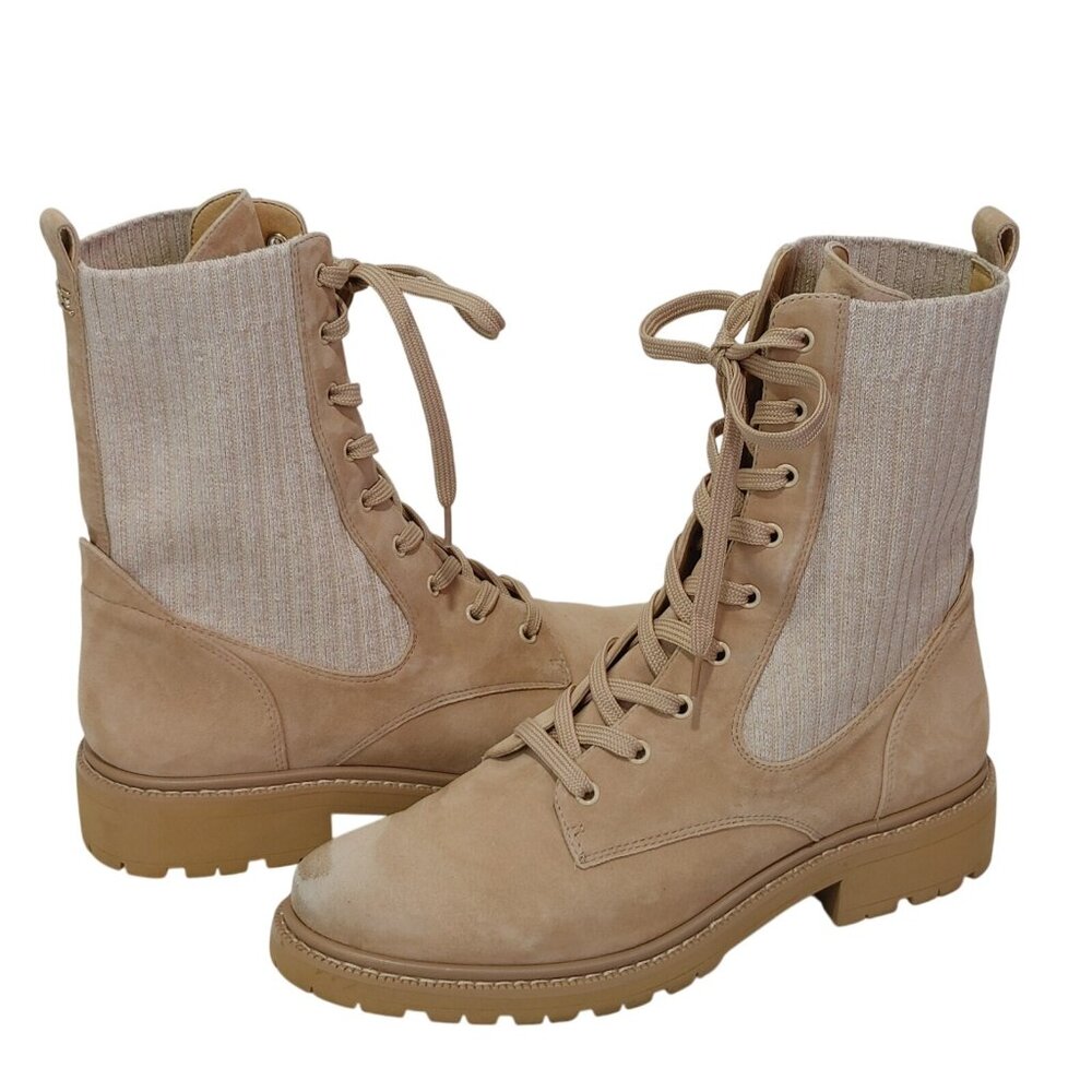 Sam Edelman Lydell Combat Boot Leather Beige Suede Leather / Knit Uppers Size 10
